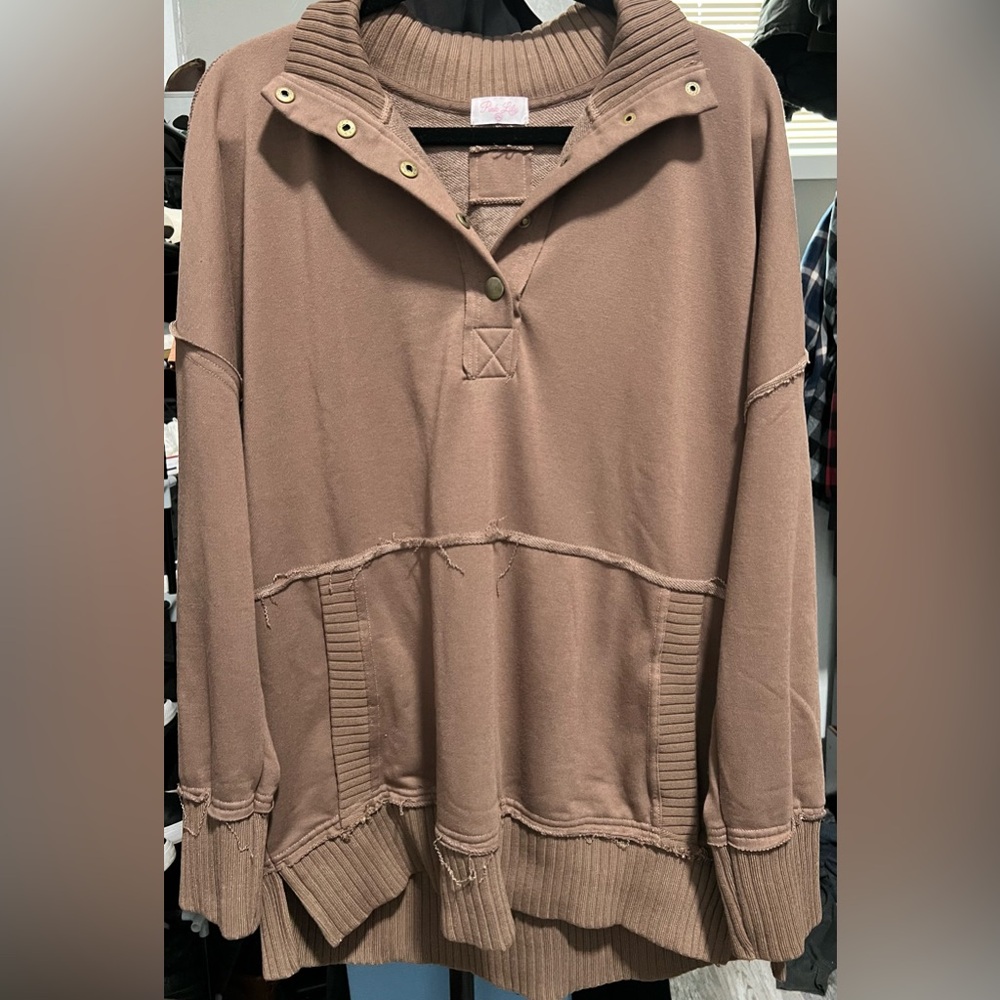 Women’s Pink Lily Oversized Henley Pullover - Size 2X - Brown
